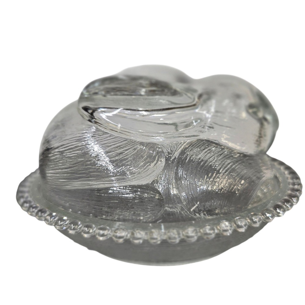 Vintage Indiana Glass Clear Pressed Rabbit on Nest Dish Beaded Rim Bunny Box